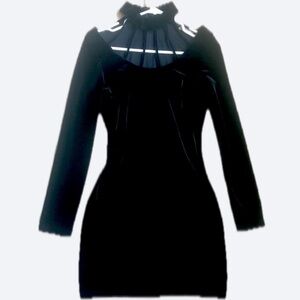 Black Bodycon Velvet Mini Dress - Strappy Neckline • Size Small